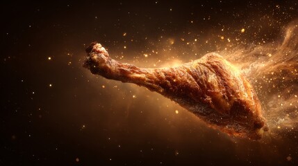 Roasted turkey leg floating in space surrounded by golden particles