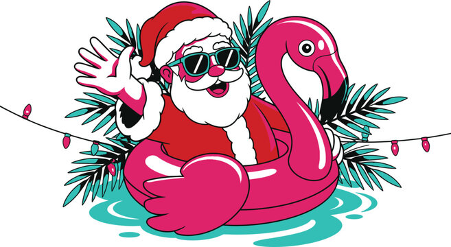Santa Claus rides flamingo float surrounded by palm leaves and lights