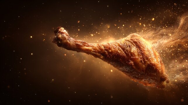 Roasted turkey leg floating in space surrounded by golden particles