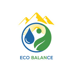 Obraz premium A stylized logo representing nature's elements. Mountains, yin-yang symbol, water drop, sun, and leaf
