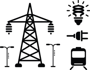 Electricity infrastructure icons, power transmission tower, urban utility silhouette, energy distribution, streetlight, plug, light bulb, train, black and white design