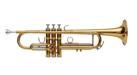Obraz premium Shiny brass trumpet, with silver accents and three valves, cutout, PNG isolated on white or transparent background