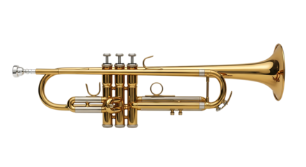 Shiny brass trumpet, with silver accents and three valves, cutout, PNG isolated on white or transparent background