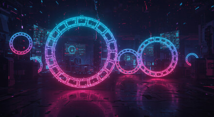 Vibrant neon glowing circles create an immersive futuristic portal in a dark, high-tech digital environment, showcasing advanced technology and abstract cyber aesthetics