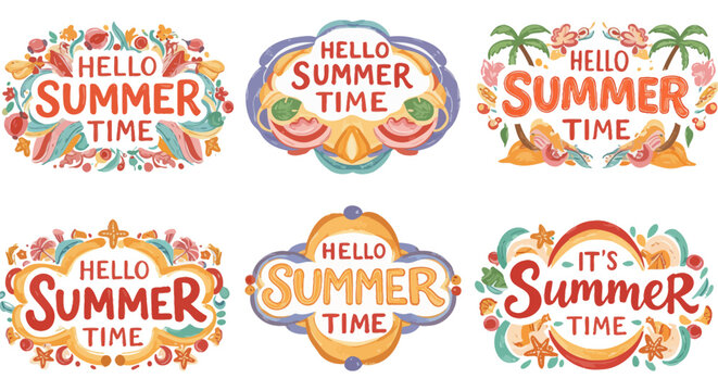 hello summertime vector illustration badge set showcasing beach and tropical elements for summer sales events  vacation promotion designs.