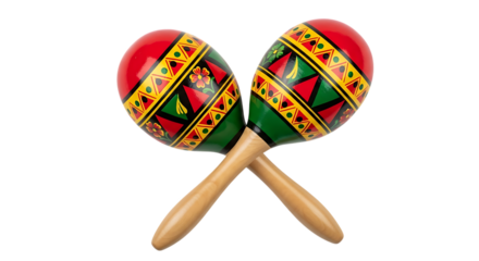 Two brightly colored wooden maracas, with traditional folk art patterns crossed over each other, cutout, PNG isolated on white or transparent background