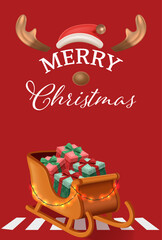Merry Christmas greeting design with sleigh full of colorful gifts in 3D festive style. Christmas Poster Design Vector Illustration 