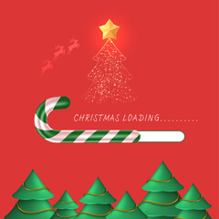Creative red Christmas background with candy cane loading bar, glowing star, and pine trees symbolizing upcoming joyful holiday celebration. Christmas Poster Design Vector Illustration 