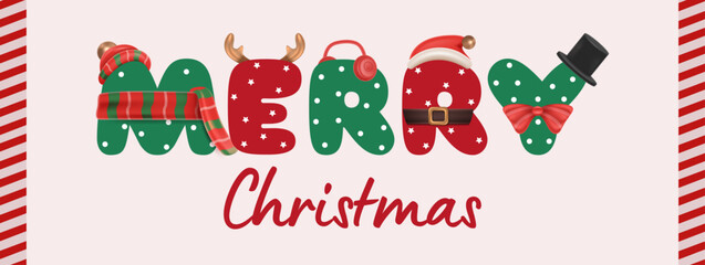 Playful Merry Christmas typography with festive holiday letters decorated with Santa hat, snowman hat, candy cane, and reindeer antlers. Christmas Poster Design Vector Illustration 
