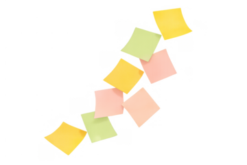 Colorful sticky notes falling, capturing ideas, reminders, and organization on a transparent background