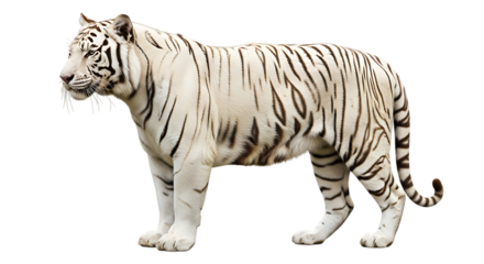 Full body profile of a white tiger, with black stripes standing, cutout, PNG isolated on white or transparent background