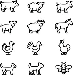 Farm Animals Outline Icon Set  Cow, Pig, Sheep, Goat, Horse, Chicken, Duck, Rabbit, Turkey, Dog, Cat, Bee