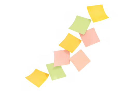 Colorful sticky notes falling, capturing ideas, reminders, and organization on a transparent background