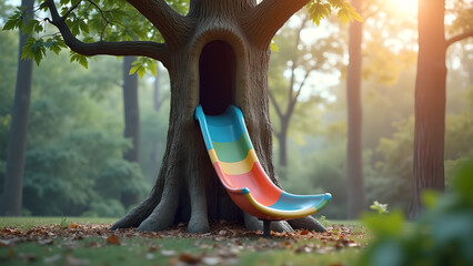Enchanting woodland retreat featuring a vibrant rainbow slide nestled within the welcoming embrace
