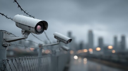 Surveillance cameras with barbed wire face the city on an overcast day. Use to illustrate security, control, or privacy concerns in urban areas.