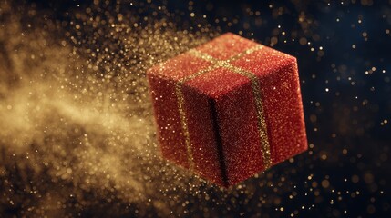 Red gift box floating with golden dust particles