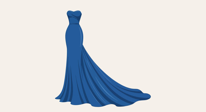 A blue strapless gown with a fitted bodice and a long flowing train on a plain background