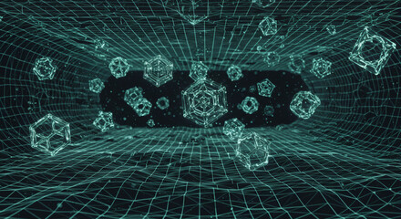 Abstract Wireframe Shapes Floating in a Digital Void, Futuristic Gridscape