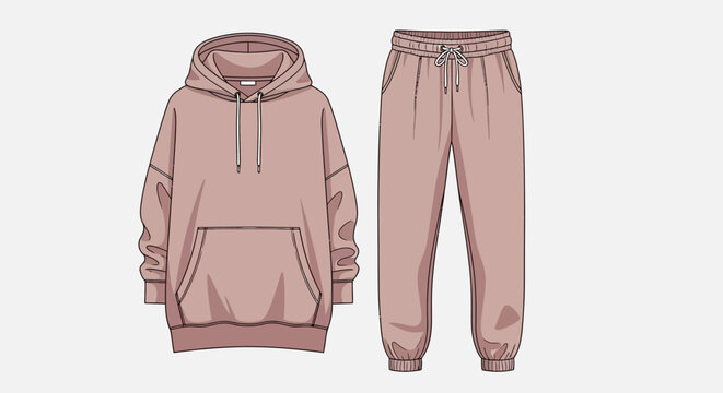 A drawing of a matching hoodie and sweatpants in a light brown color against a white background