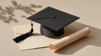 Graduation cap and diploma placed neatly on clean beige background with wide negative space for text, minimal aesthetic, high detail 
