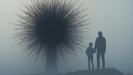 Father and child stand beside a spiky sculpture in enveloping fog for a striking visual exploration