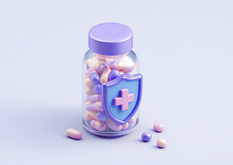 Pills in a Bottle with Shield - Health and Protection.