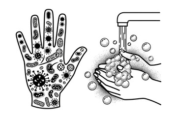 Illustration of a hand covered in germs and another washing hands under running water with soap bubbles