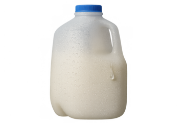 Cold milk jug with water condensation on exterior, containing fresh dairy beverage. Isolated on transparent background
