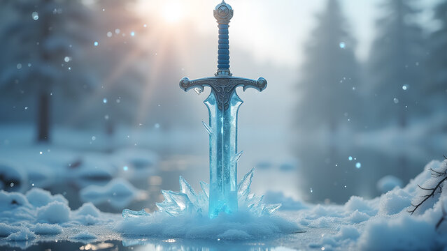 Frozen winter landscape featuring a mystical glowing sword embedded in ice crystals casting a