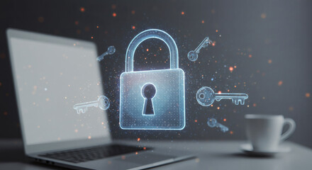 Digital security concept featuring a glowing virtual padlock and keys above a laptop, symbolizing data protection, secure online access, and internet privacy