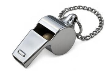 Chrome metal whistle with chain, referee control equipment, indicating authority and giving signal for sports match