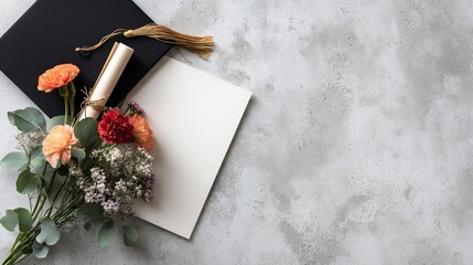 Flatlay of graduation cap, diploma, and flower bouquet on white textured background with large empty area for typography 