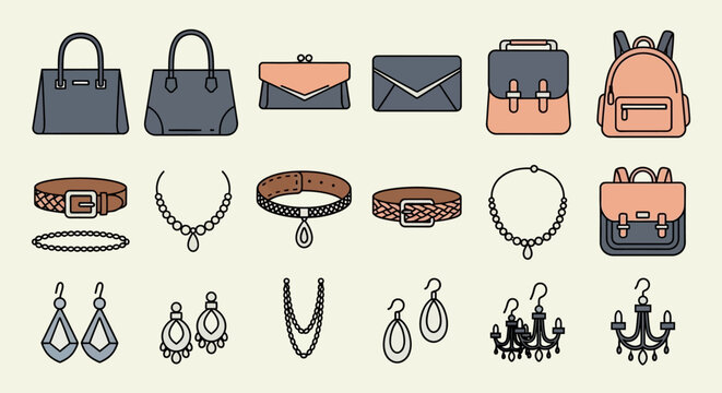 Accessories purses belts necklaces  earrings are arranged in four rows against a cream background