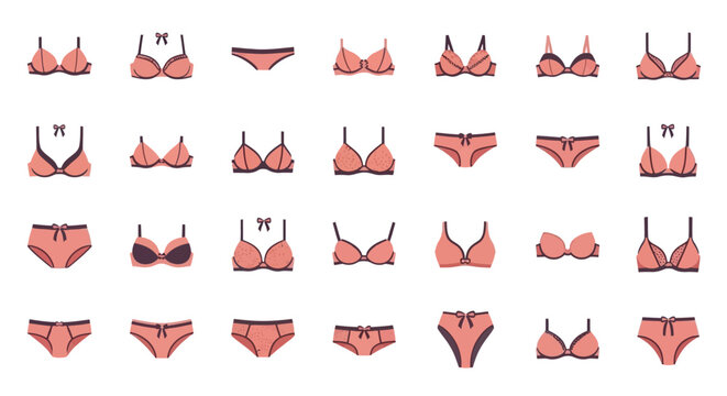 An array of pink lingerie pairs including various bras and panties arranged in rows on a white background