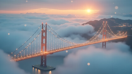 Fototapeta premium Golden bridge at sunrise enveloped by a layer of soft clouds offering a view of illuminated
