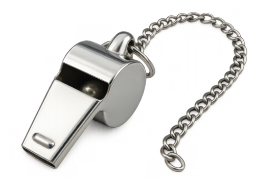 Metal whistle with chain used by referees and coaches in sport, providing signal and control. Transparent background