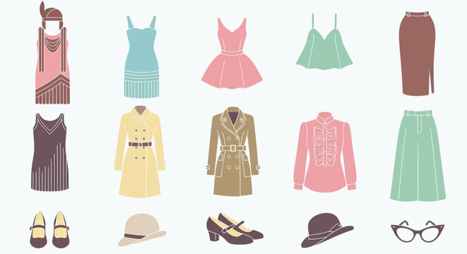 Assorted clothing items displayed against a plain background variety in styles  colors