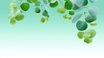 Pastel green gradient backdrop with delicate eucalyptus leaves, soft botanical foliage, natural tranquil atmosphere, minimal design, fresh and calming mood
