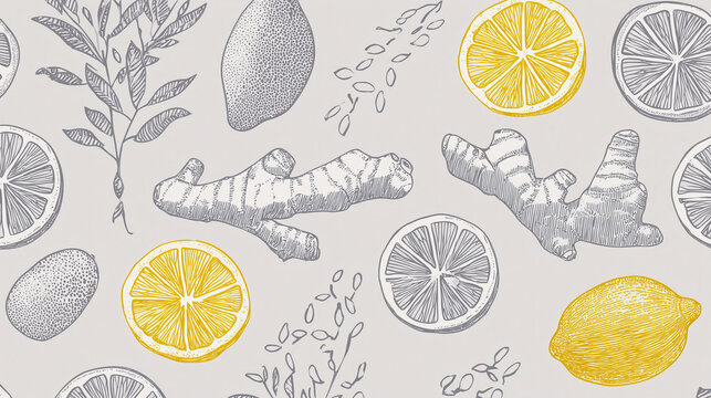Seamless minimal lineart of herbal cups ginger root lemon slice botanical leaf pattern, modern yellow gray illustration for kitchen decor, fresh and natural vibe