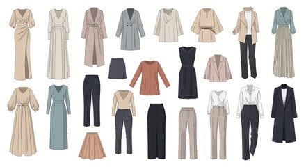 Illustration of 20 diverse womens clothing dresses coats  skirts in muted colors arranged in a grid on a white background