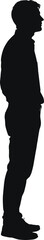 Black silhouette of standing man in profile view, modern vector illustration for design, posture study, character modeling, artistic graphic identity