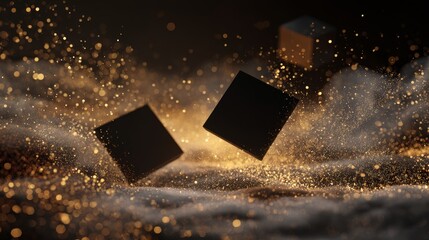 Floating Black Friday discount labels floating surrounded by magical golden glitter particles