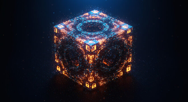 Mysterious glowing digital cube with intricate geometric patterns and shimmering energy particles, embodying concepts of data processing, futuristic technology, and innovation - Powered by Adobe