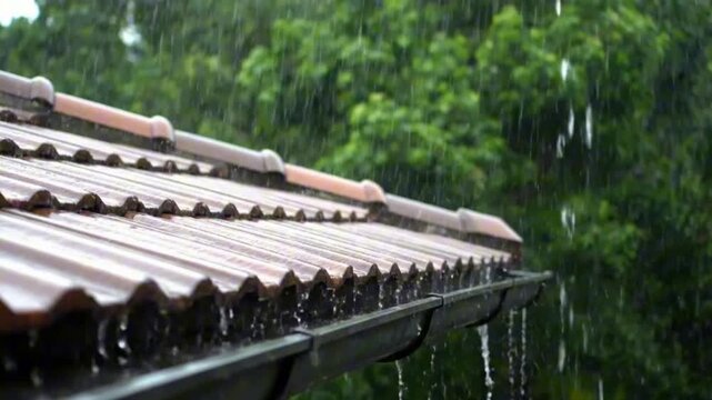 Heavy rainfall cascading down tiled roof and overflowing gutter with lush green foliage background creating a natural atmospheric downpour scene
