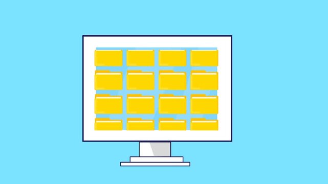 Animated folders filling up a computer screen. Digital data overload concept. Busy workspace with multiple file icons. Modern technology chaos illustration.