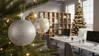 Christmas Tree and Office Workspace Theme, Festive interior scene features Christmas tree adorned with ornaments, creating warm atmosphere