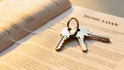 first time homebuyer loan house concept. Keys resting on a home loan document in soft lighting.