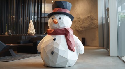A Geometrically Designed Snowman Sculpture with a Top Hat and Scarf Displayed in a Modern Indoor Space with Minimalist Decor