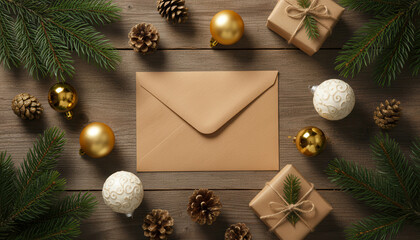 Festive envelope surrounded by ornaments, pine cones, and gifts creates warm holiday atmosphere