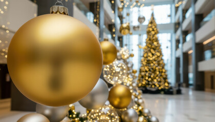 Golden ornaments and beautifully decorated Christmas tree create festive atmosphere